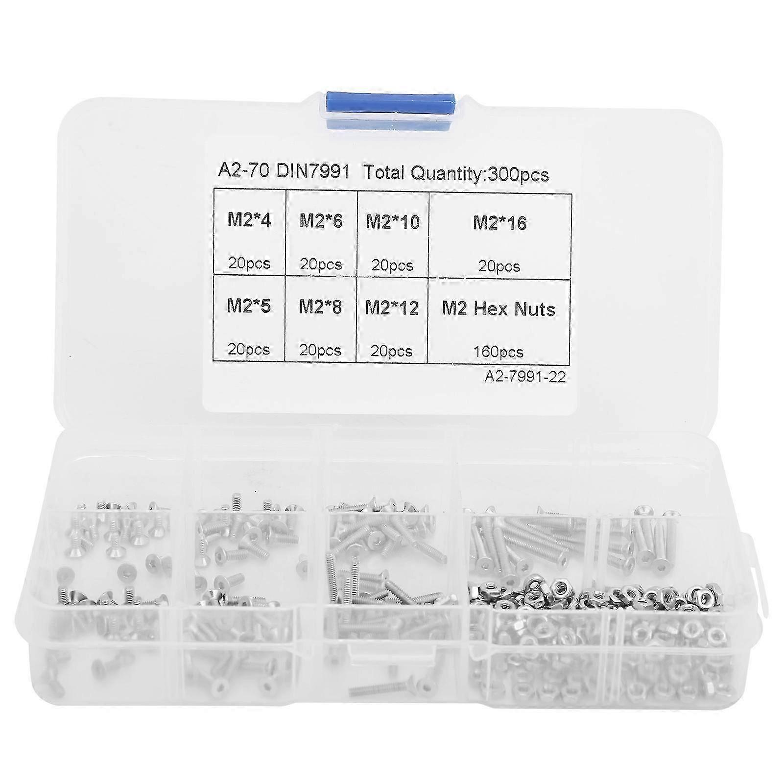 300pcs M2 Hex Screw and Nut Set Countersunk Head Socket Stainless Steel Assortment Kit