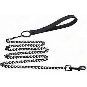 Heavy Duty Dog Chain Leash - Anti-Bite Metal Pet Lead with Leather Handle, 3.7ft compatible with Small & Medium Dogs