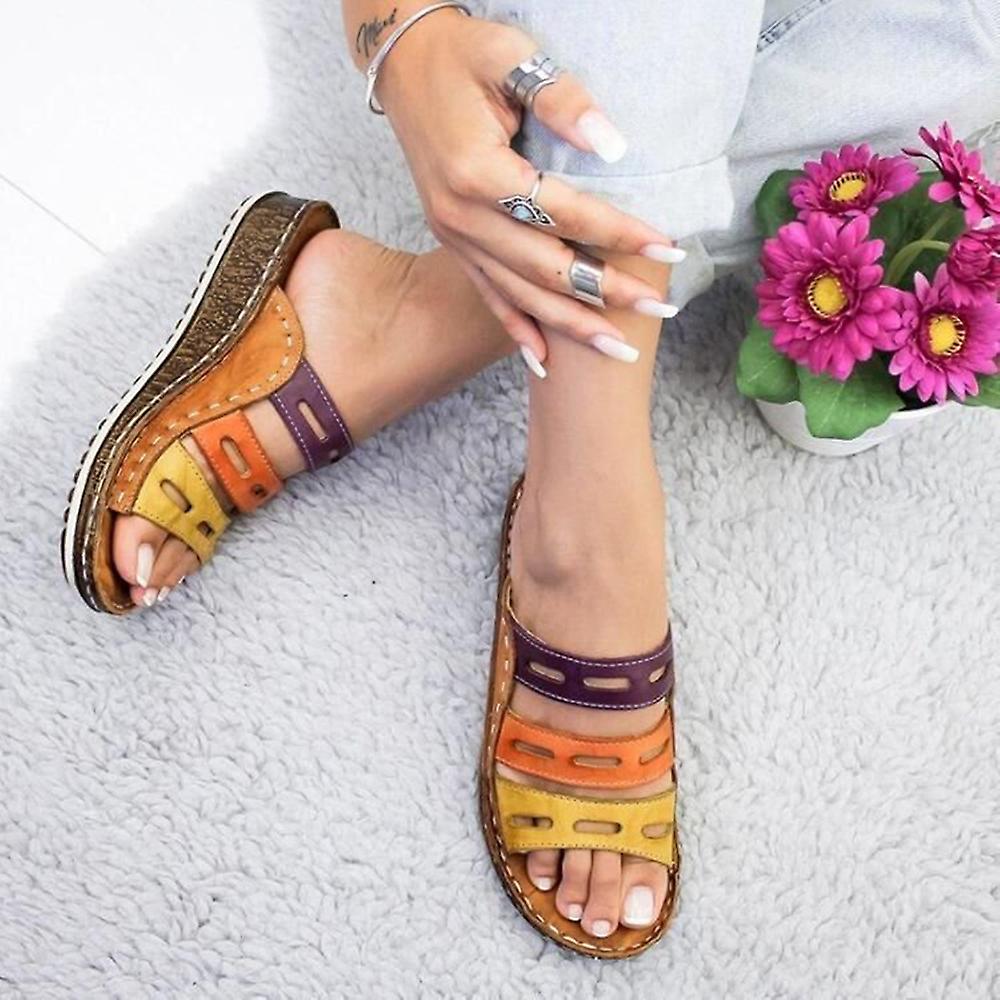 Female Sandals Slope Heel Flip Flops Colorblock With Ethnic Style Decoration
