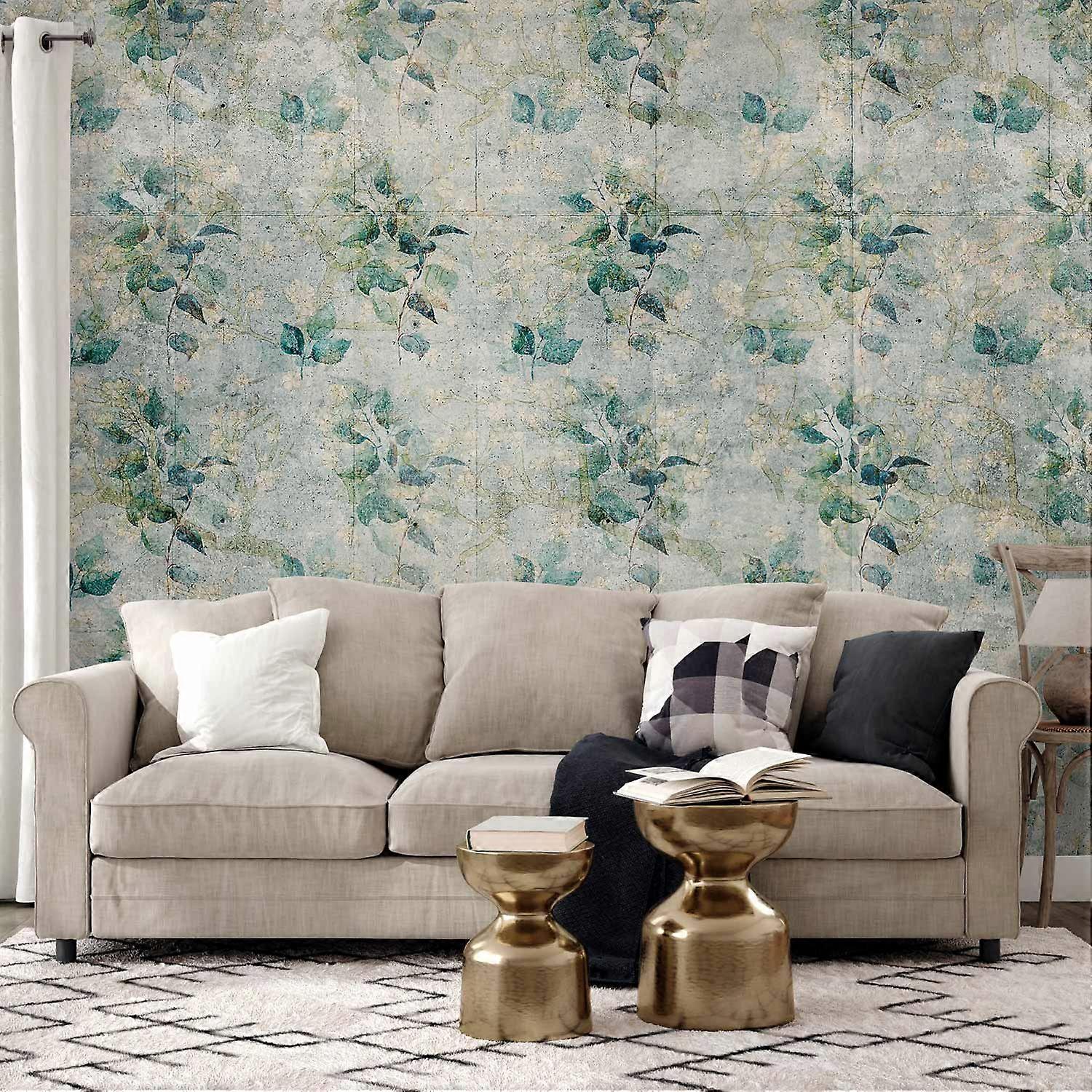 Wall Mural - Mint tones - green leaf bouquets on a retro patterned background