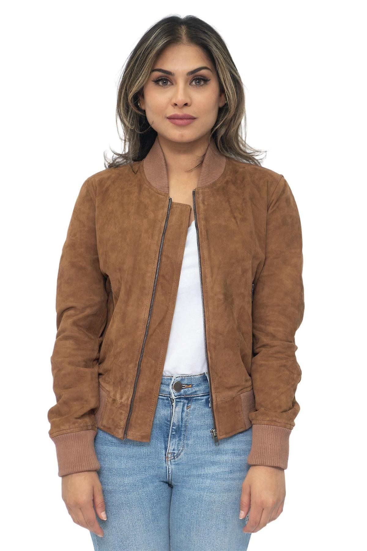 Womens Suede Tan Classic MA-1 Suede Leather Bomber Jacket | Fruugo US