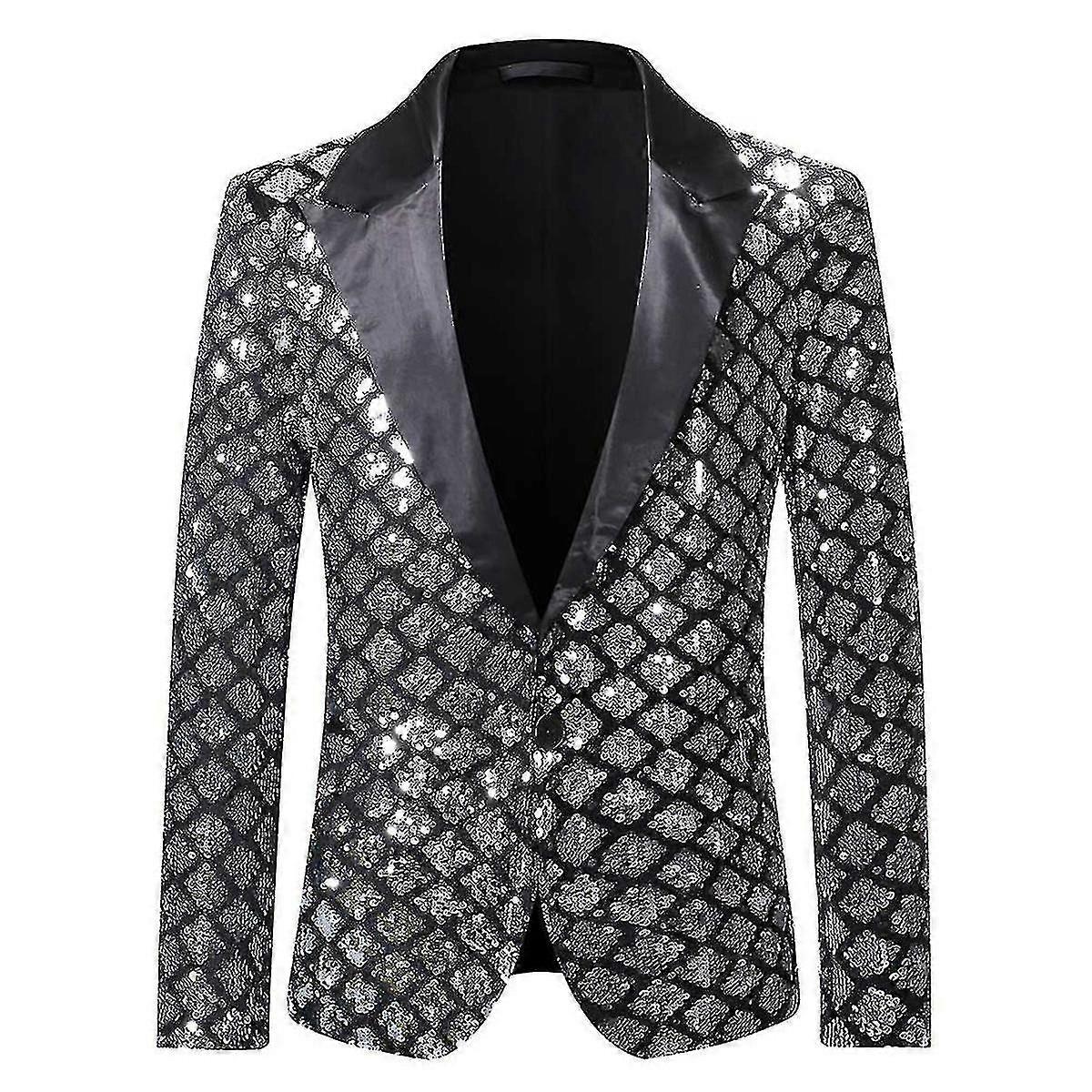 Erkekler Tek Düğmeli Parıltılı Günlük Resmi Elmas Payet Tepeli Yaka Düğün Blazer