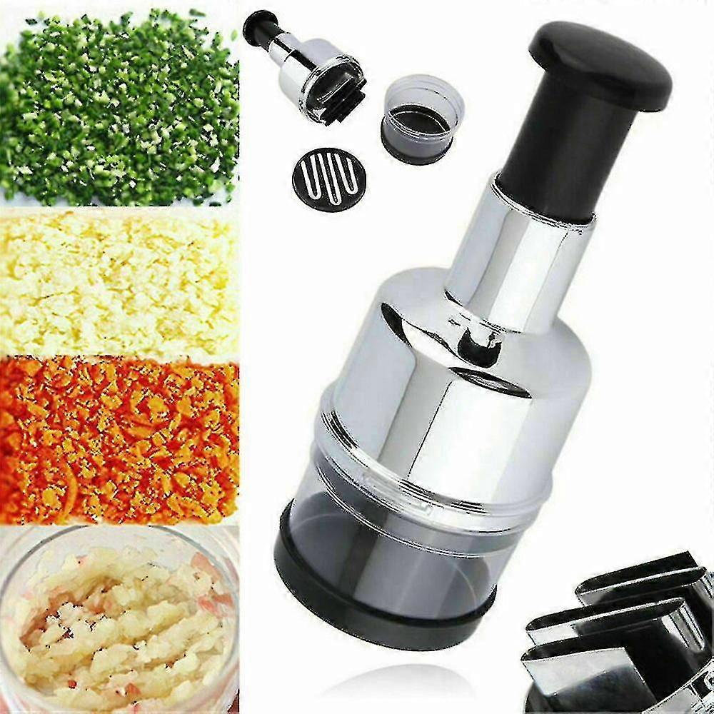 Hands pressing garlic onion chopper