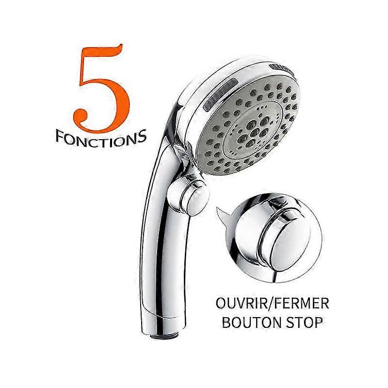 Chrome Shower Head with Stop Button Hand Shower 5 Jets to Choose from Shower Head Spikes Antiscale Universal Type