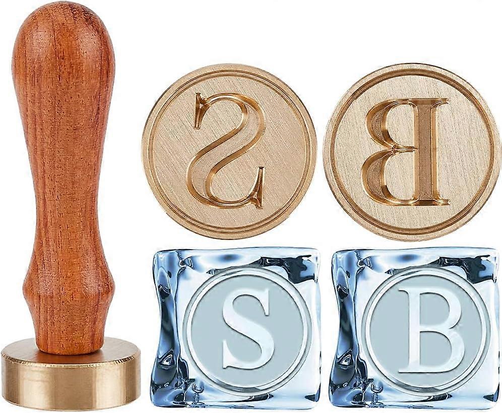 2Pcs Letter B and S Ice Stamp Set 1.2" Stamp Heads+1Pc Wooden Handle Initials Ice Cube Branding Stamp Removable Brass Replacement for Cocktail Party W