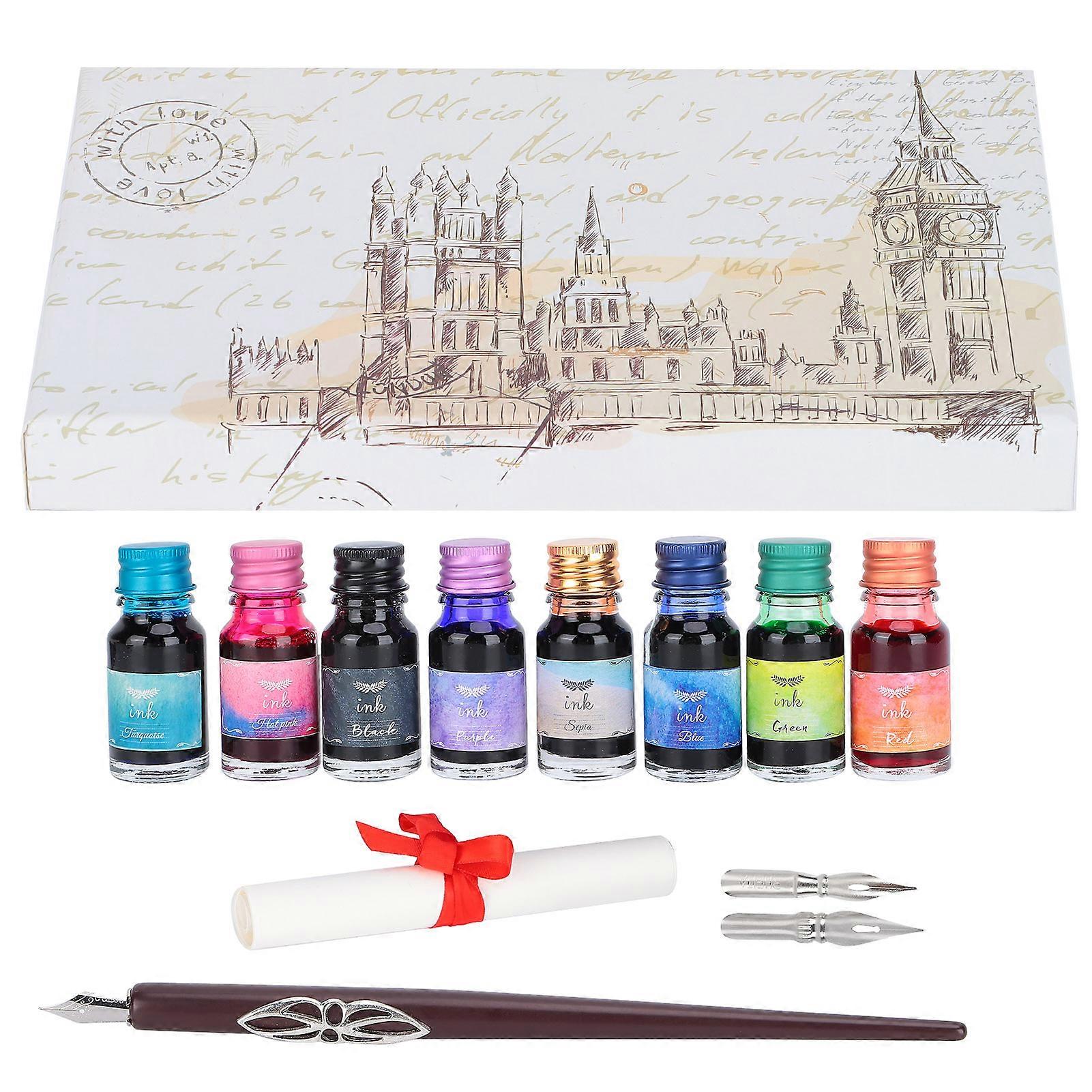 Dip Pen 8-Color Ink Wooden Pole Calligraphy Fountain Pen Gift Box Set with Replaceable Nib