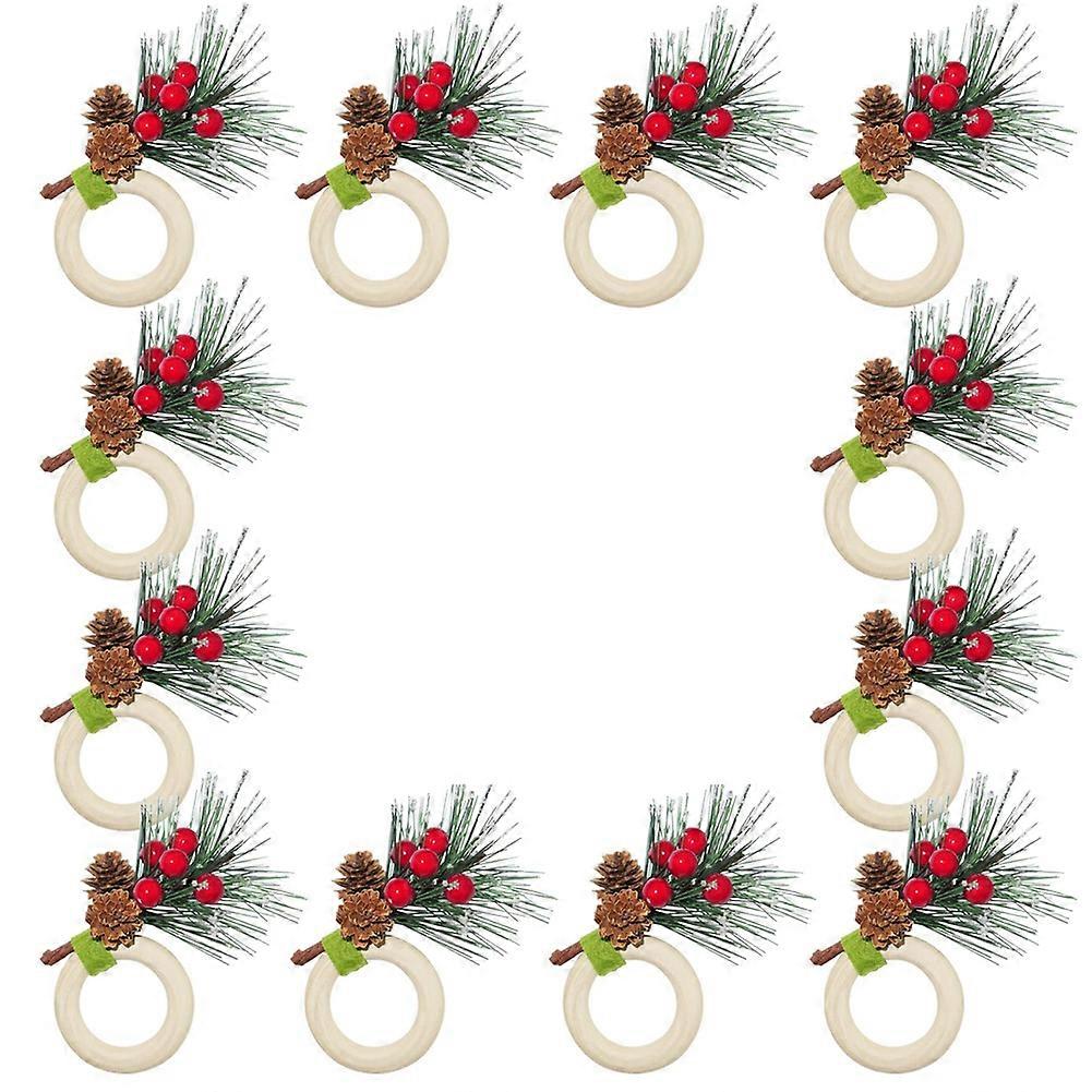 Christmas Pine Cones Napkin Rings Set Of 12, and Pine Needles with Snow Xmax Napkin Holders for Dec