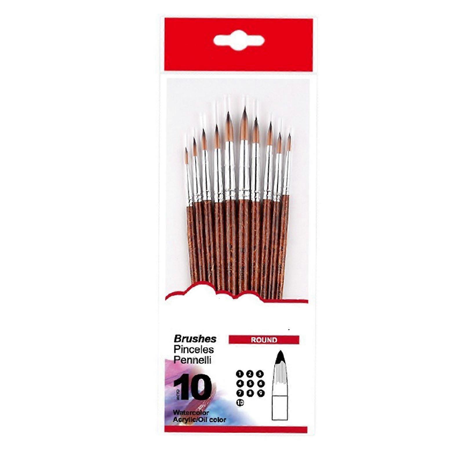 10PCS Oil Paint Brushes Set Wood Handle Nylon Bristles Soft Comfortable Grip Watercolor Brushes for Kids Adults Brown Pen Handle Round Peak Set