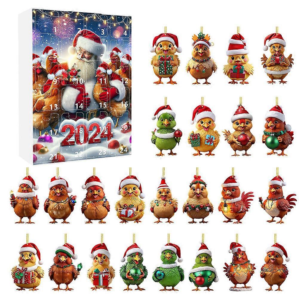 Chicken With Santa Hats Christmas Countdown Calendar with 2D Acrylic Set Hanging Ornaments 24 Days