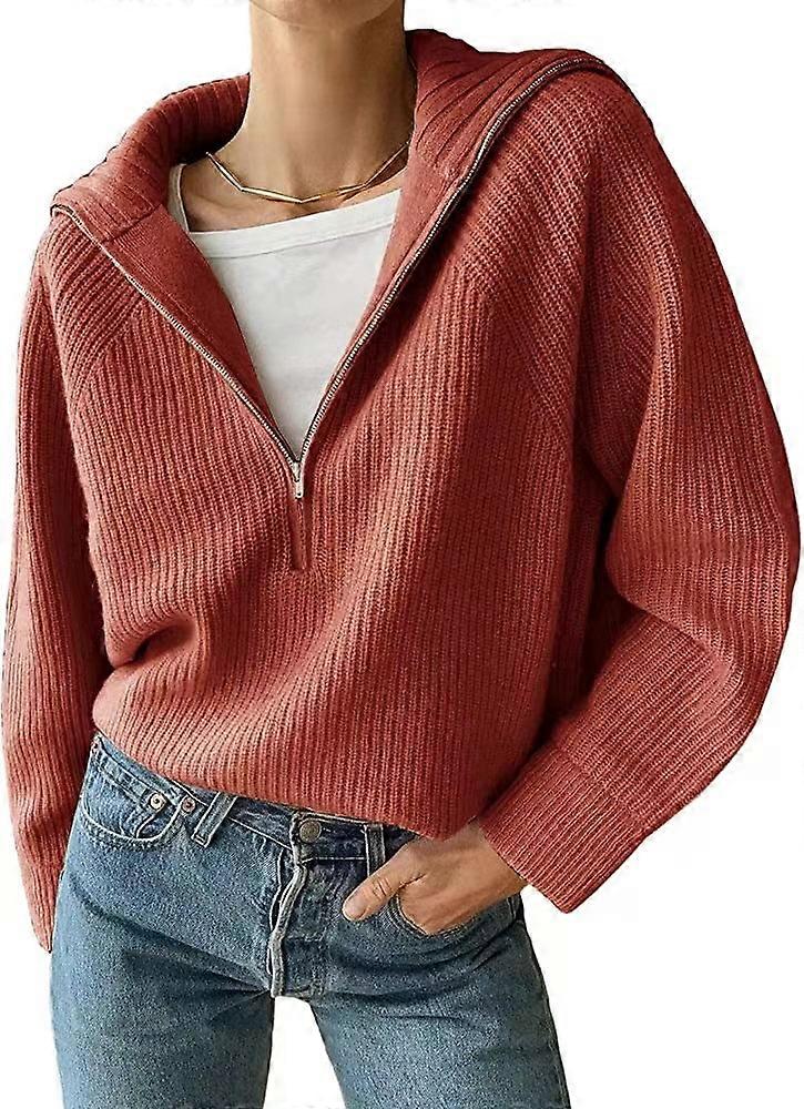 Women’s Casual Long Sleeve Half Zip Pullover Sweaters Solid V Neck Collar Ribbed Knitted