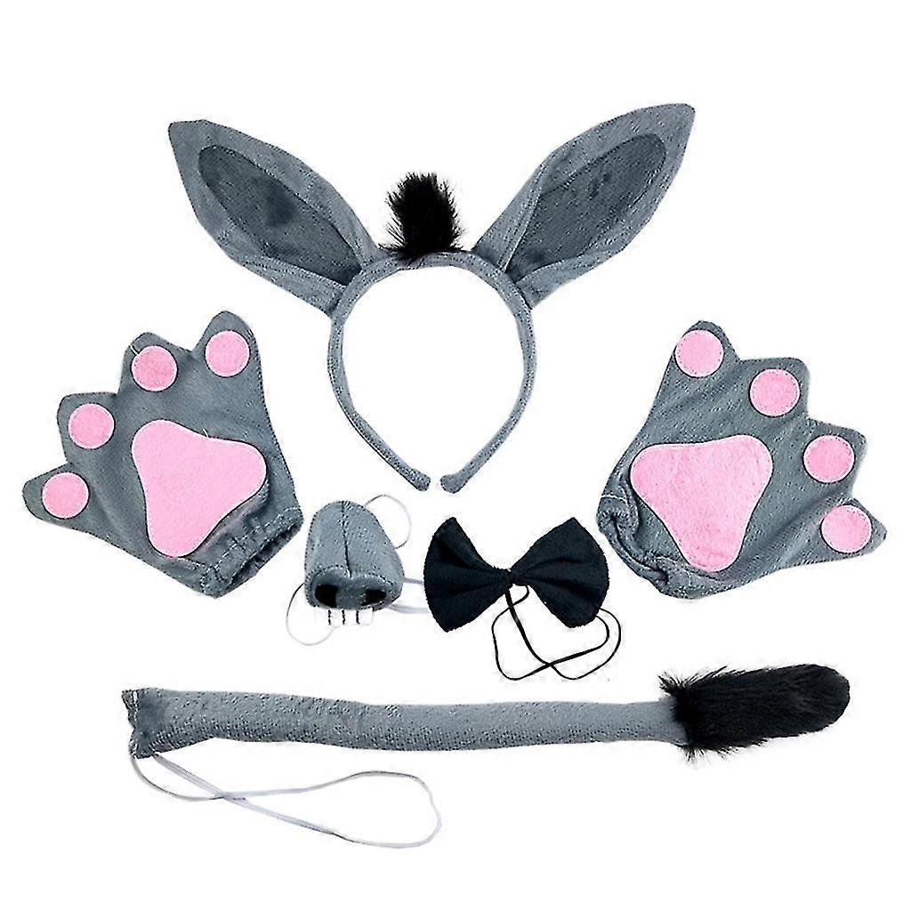 6 Pcs Festival Party Hairy Donkey Headband Hair Hoop Nose Tail Tie Gloves Set Halloween Christmas Costume Cosplay Headwear Decoration