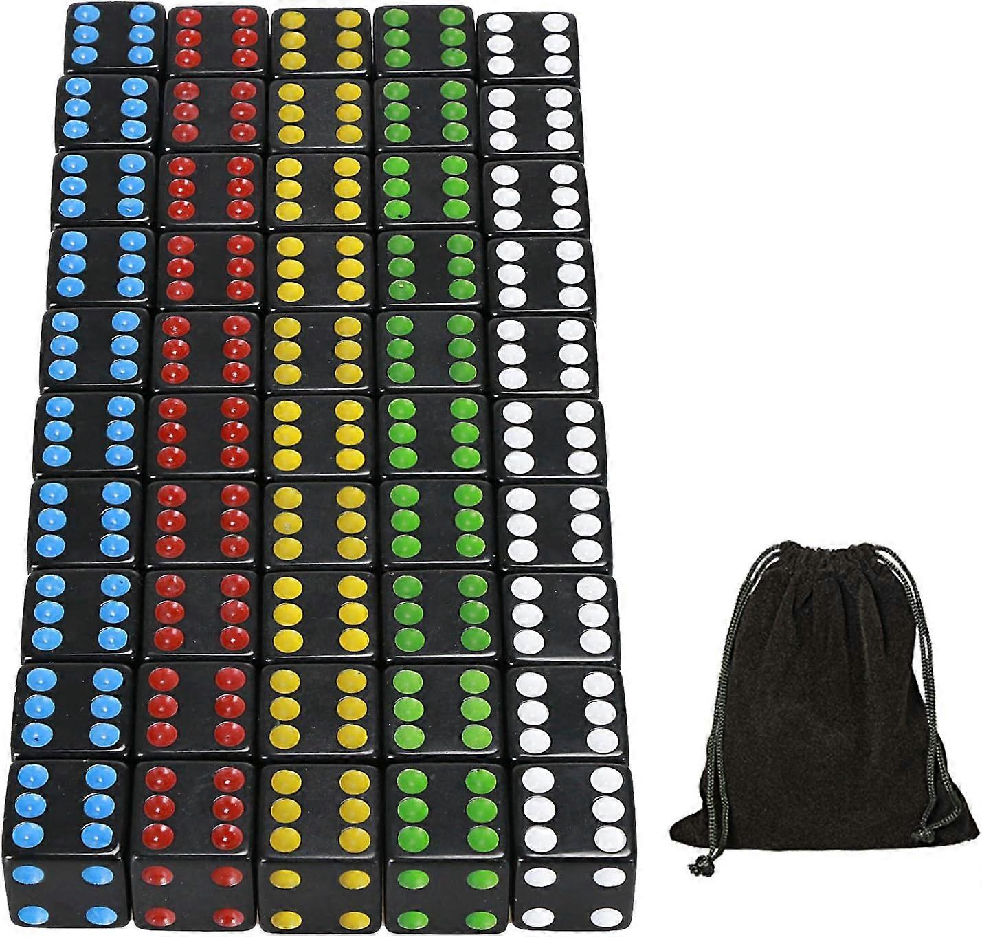50pcs D6 Game Dice Set with Bag - 16mm Black 6-Sided Dice