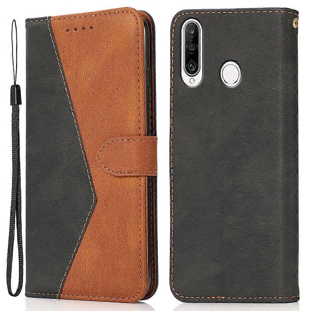 Premium Soft PU Dual-Color Matching Leather Wallet Flip Stand Case with Strap for Huawei P30 Lite - Blue/Green