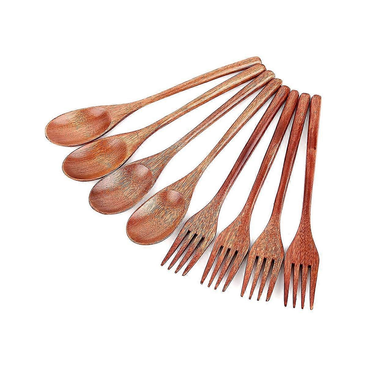8Pcs Wooden Spoons Forks Set, Japanese Style Wooden Utensil Set, Handmade Kitchen Spoon, Reusable T