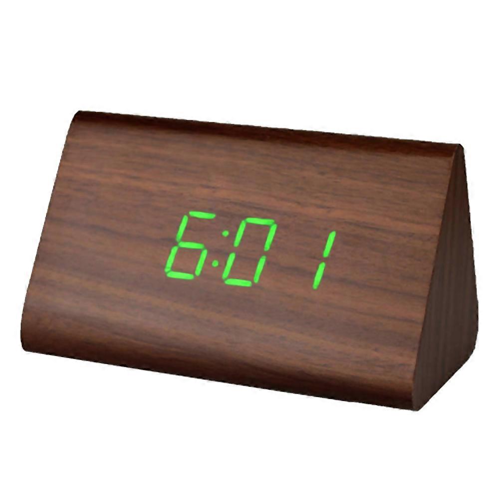 Modern Triangle LED Wooden Alarm Clock Classical Digital Sound Control Desk Clock Thermometer (Brown Wood and Green Light)