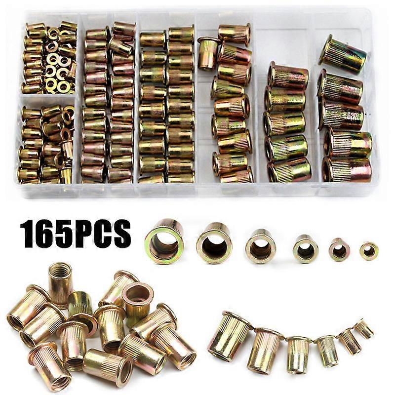 165PCS M3/4/5/6/8/10/12 Zinc Plated Carbon Steel Knurled Nuts Rivnut Flat Head Threaded Rivet Insert Nutsert Cap Rivet Nut