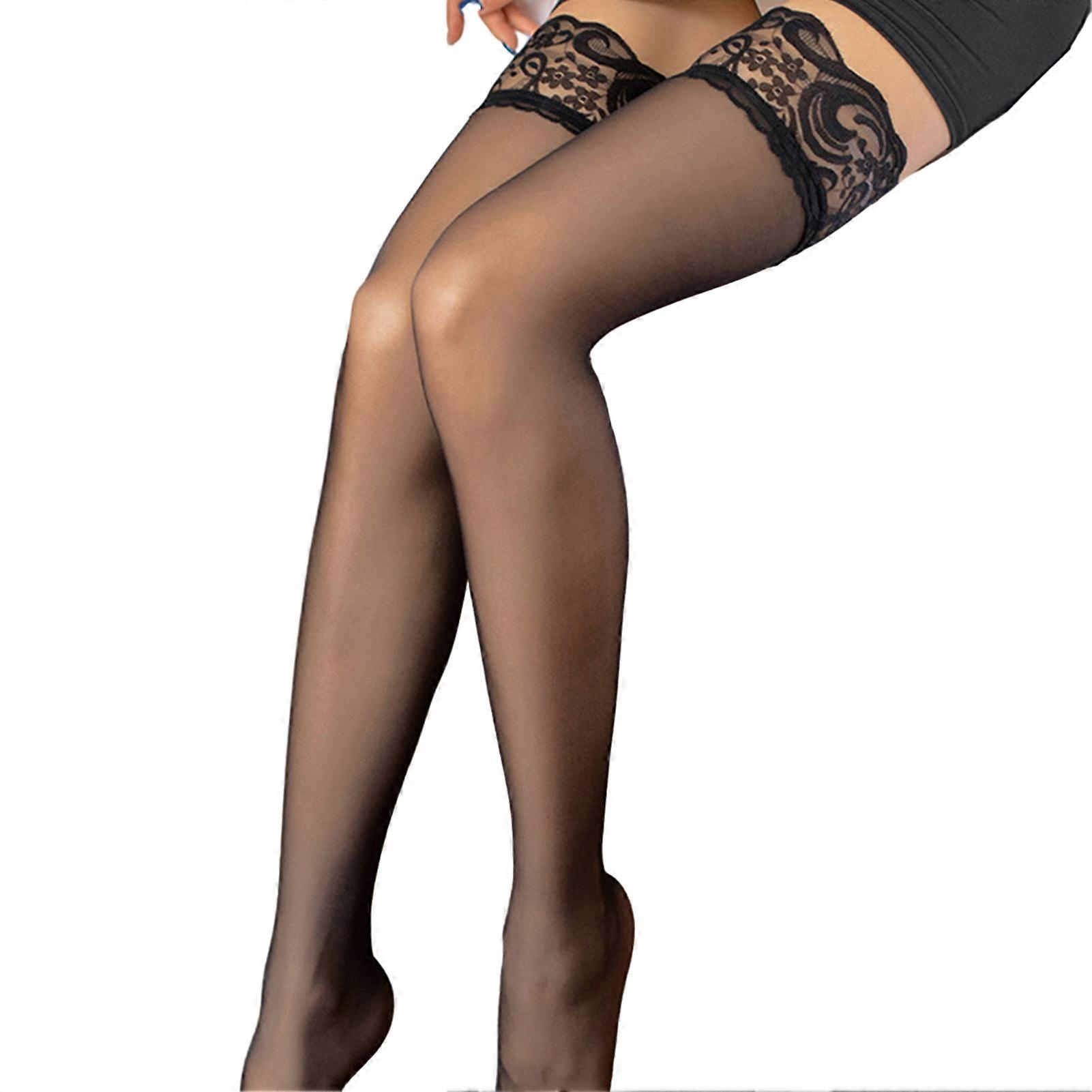 1 Pair Women Stockings Flower Lace Edge Ultra-thin See-through High Elasticity Anti-slip Solid Color Soft Breathable Quick Dry Lady Stockings