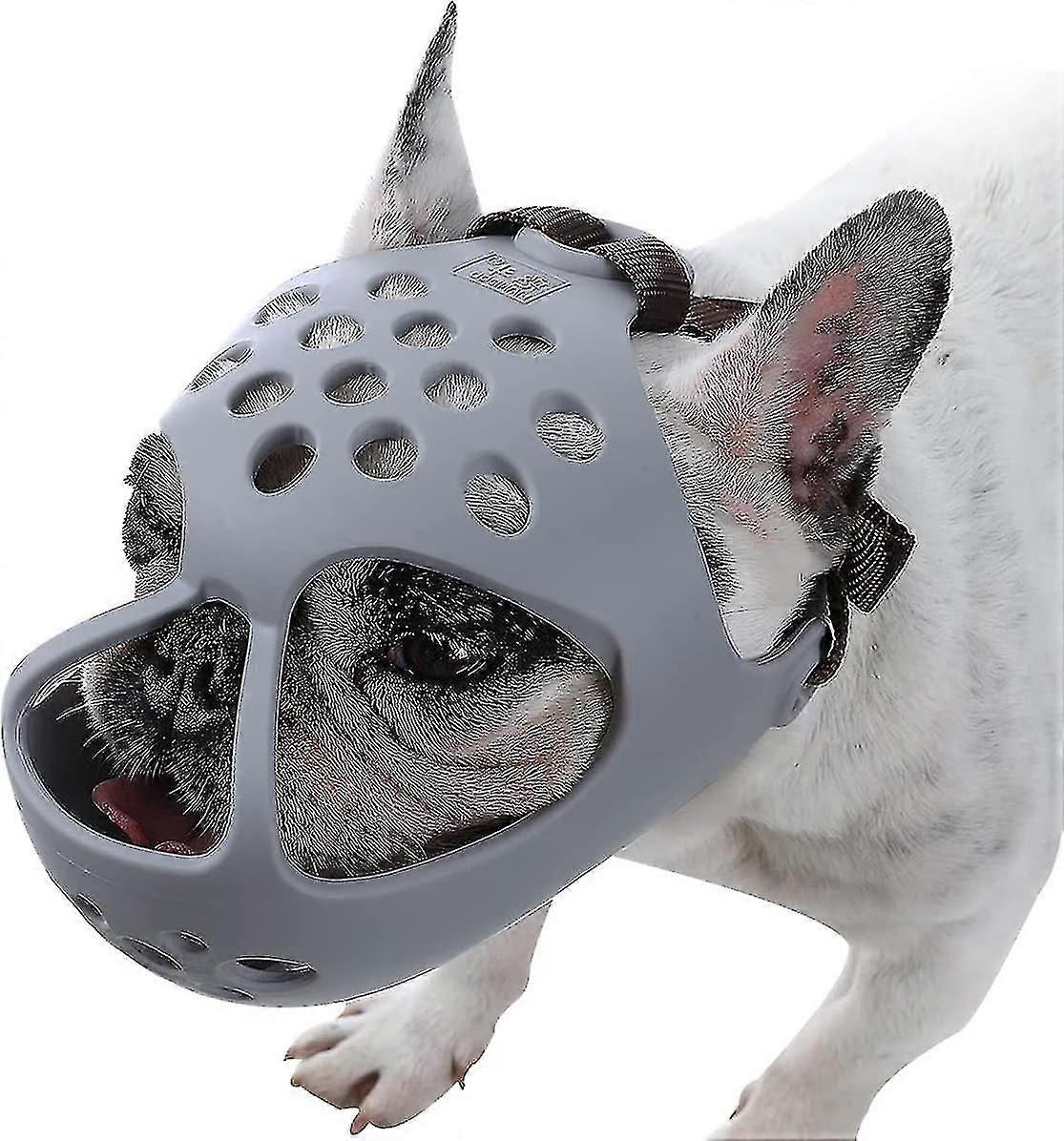 Short Snout Dog Muzzle,soft Silicone Adjustable Breathable Bulldog Muzzle For French Bulldog Shih Tzu And Pug For Biting Chewing M Grey
