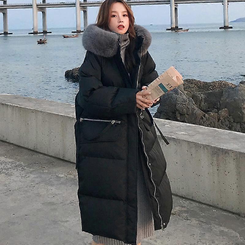 Lång dunjacka Kvinna Lös Huva Puffer Parkas 2021 Vinter Koreansk Mode Långärmad Design Kappa Casual Utomhus Chic