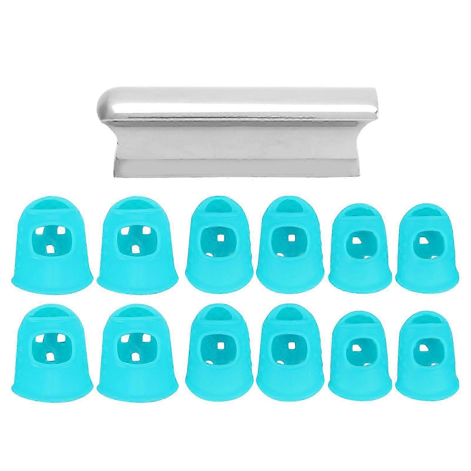 Guitar Sliding Bar Zinc Alloy Grooves Round Tip with 12 Silicone Finger Protectors for UkuleleGreen
