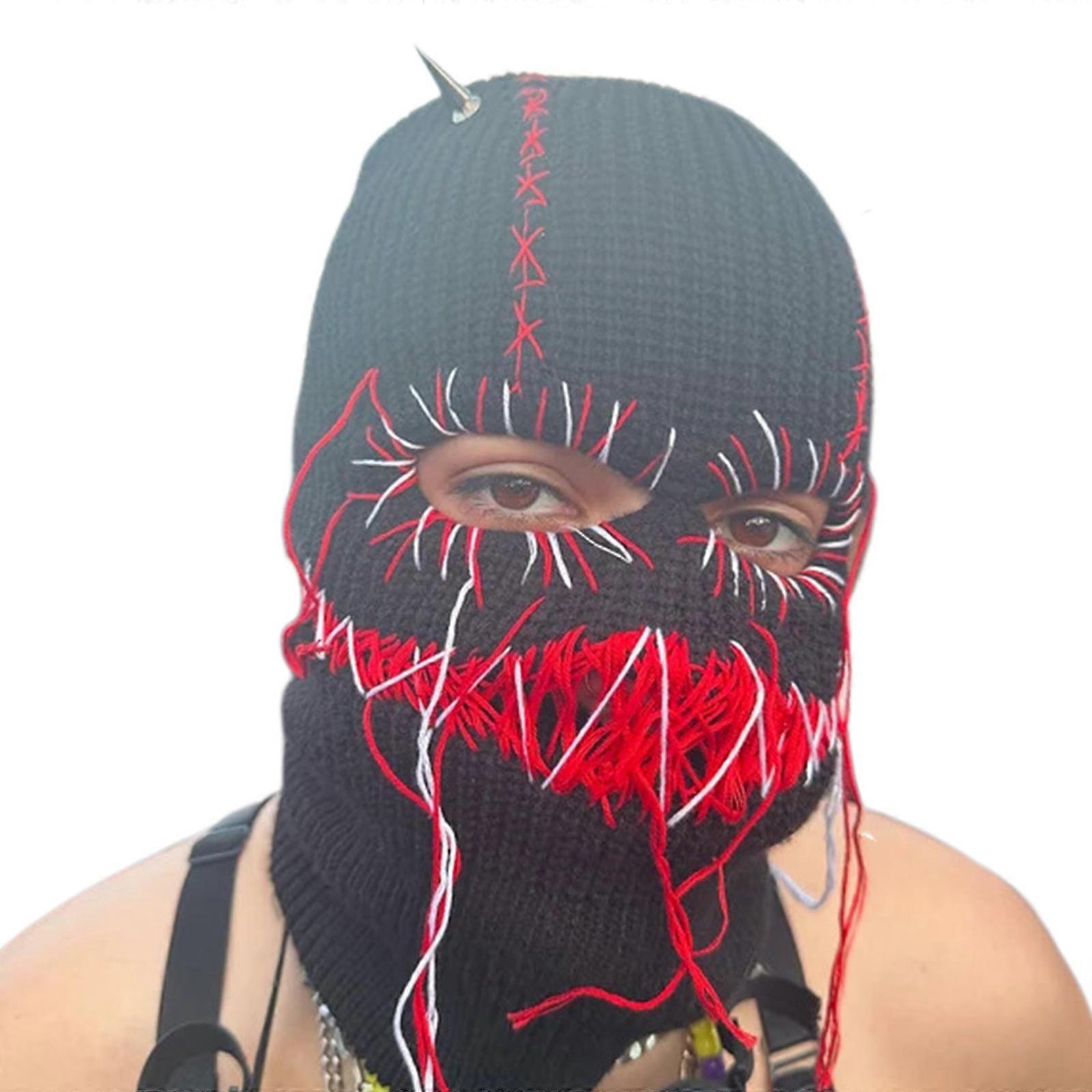 Cadılar Bayramı Balaclava Örgü Bere Şapka Korkunç Dişler Hırsız Baş Örtüsü Parti Tatil Kış Sıcak Şapka Tam Baş Yüz Baskını siyah kırmızı başlık