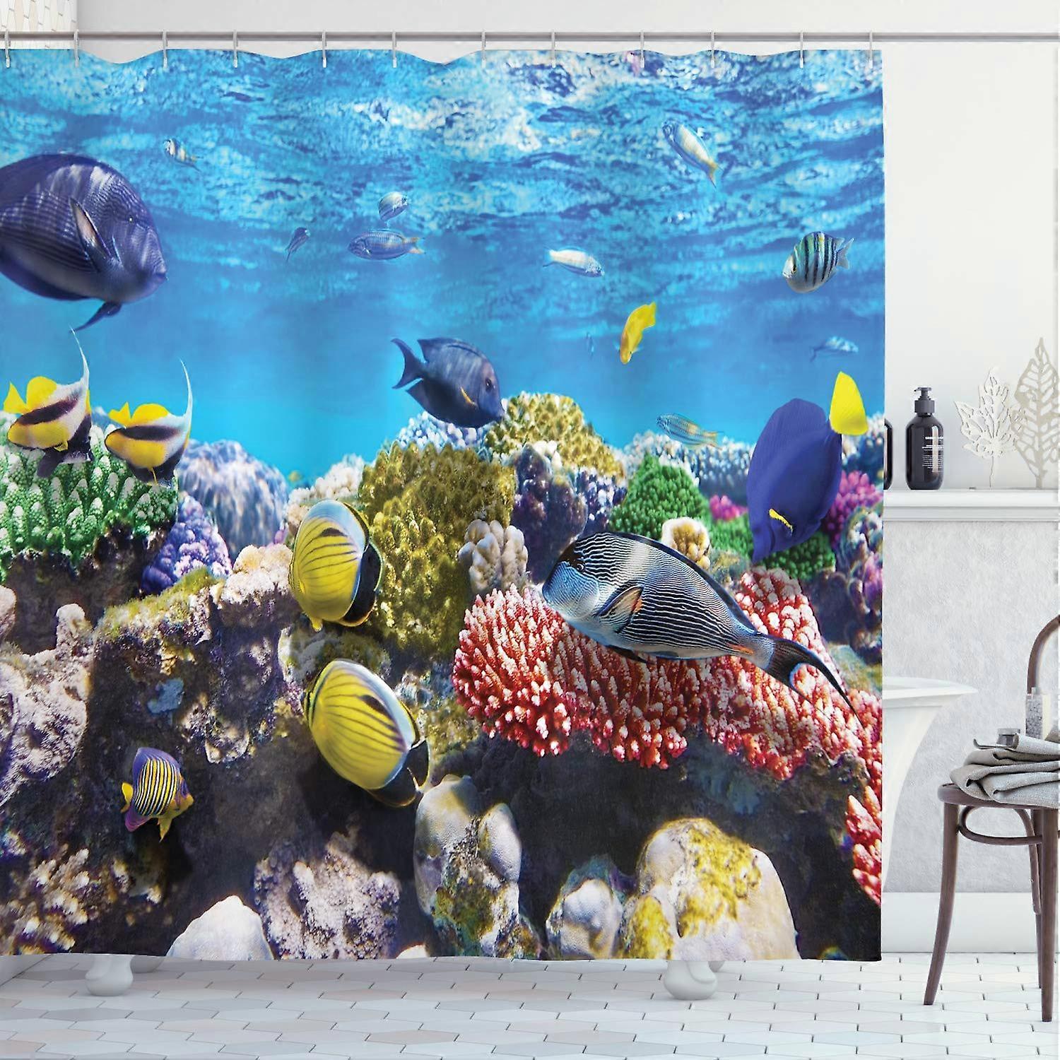 Ocean Shower Curtain - Tropical Coral Reef Fish Underwater Scene Print, Fabric With Hooks, 69 x 84 Inches, Blue