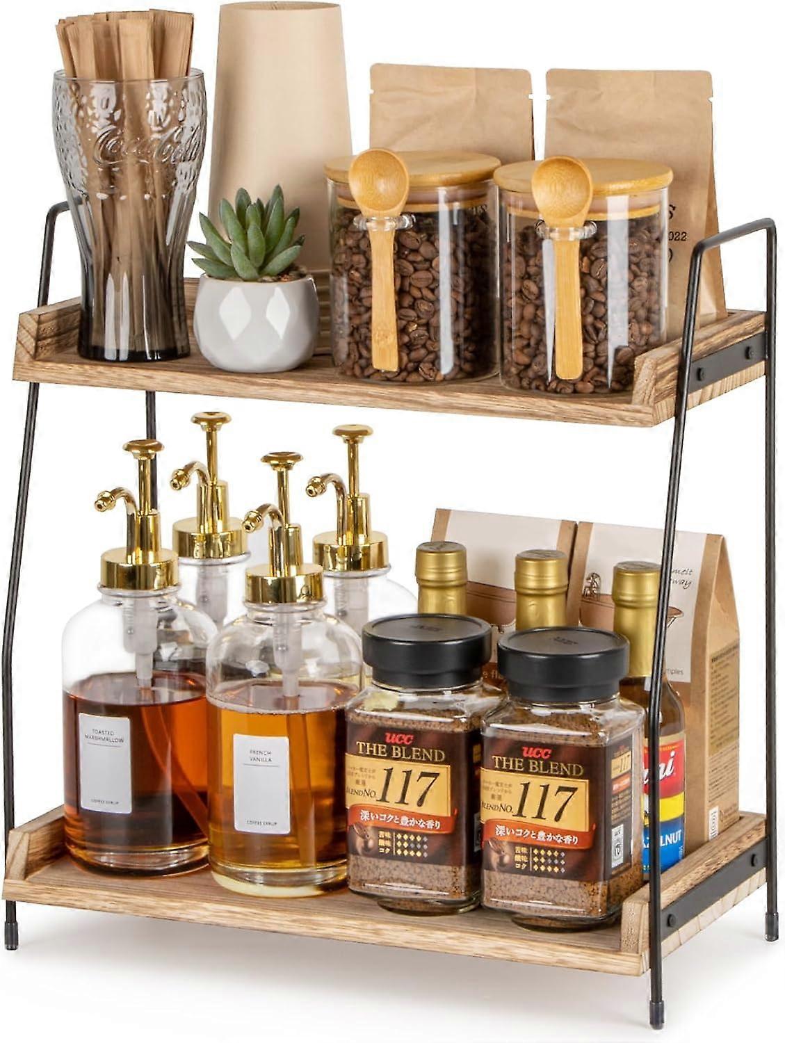 Brown Coffee Station Organizer for Kitchen Countertop, Modern Design, Wood Material, Space-Saving Storage Solution