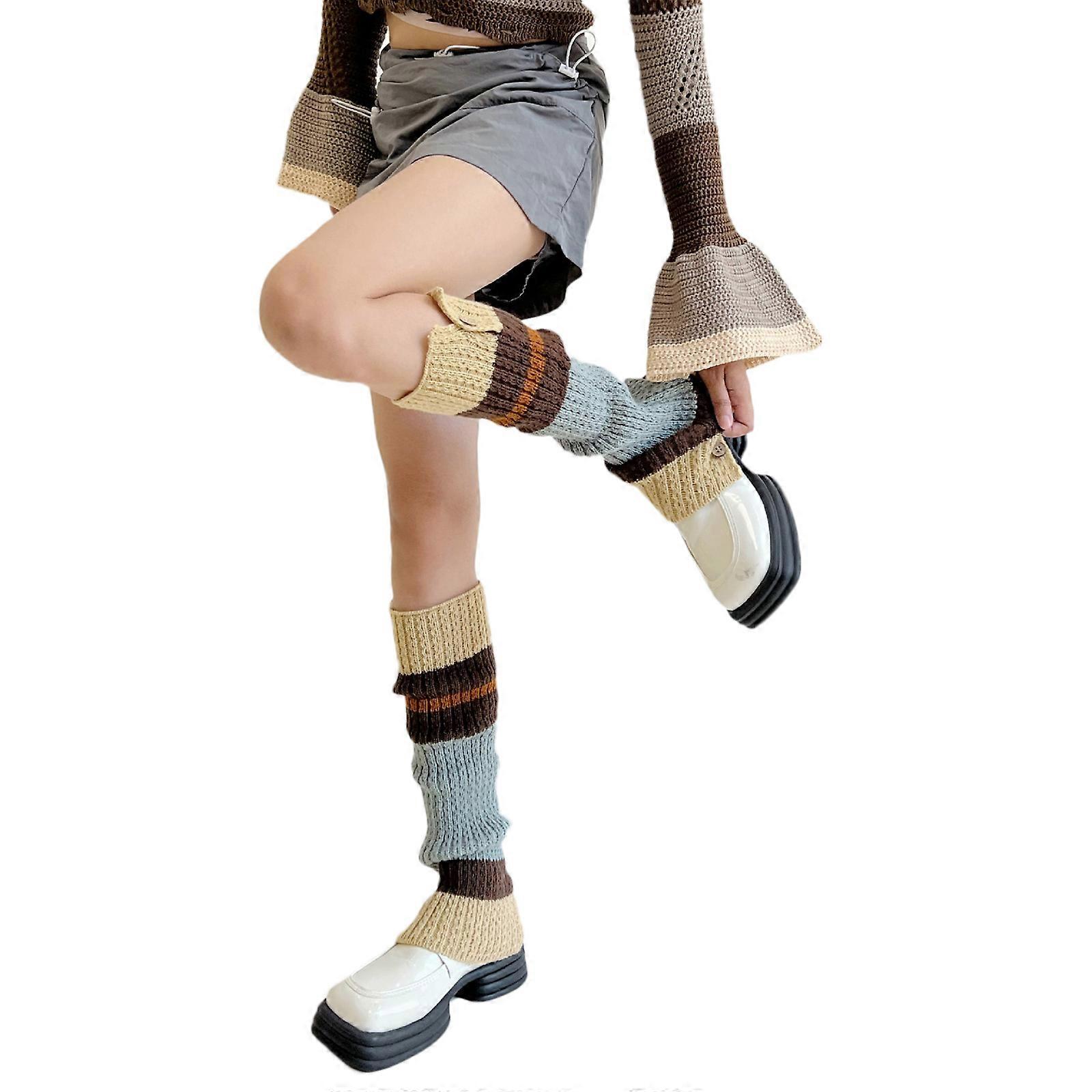 נשים סטודנט מכללה מחממי רגליים סרוג פסים כפתור עד דש ללא רגליים עגל גרביים מגף חפתים גרביים כיסויי רגליים קפה