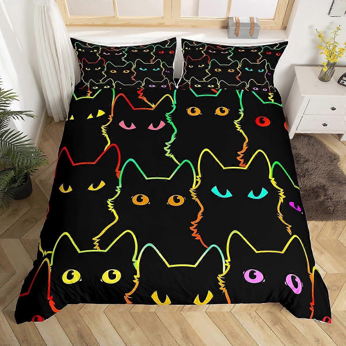 Gradient Line Cute Cat Duvet Cover for Teens Bedding King Size