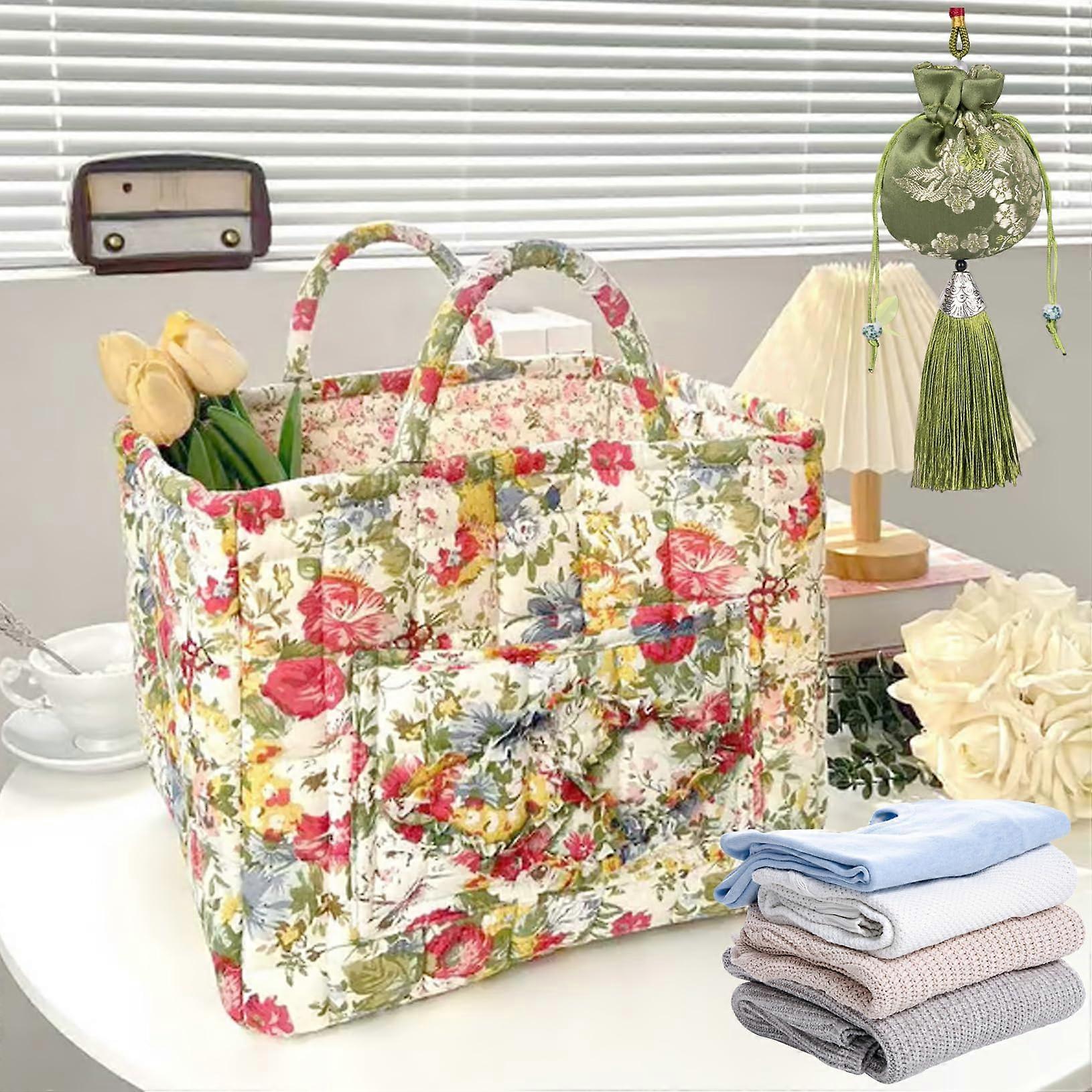 Boho Fabric Storage Basket, Large Red Floral Laundry Basket, 12.99x10.63x10.24 in Portable Folding Organizer