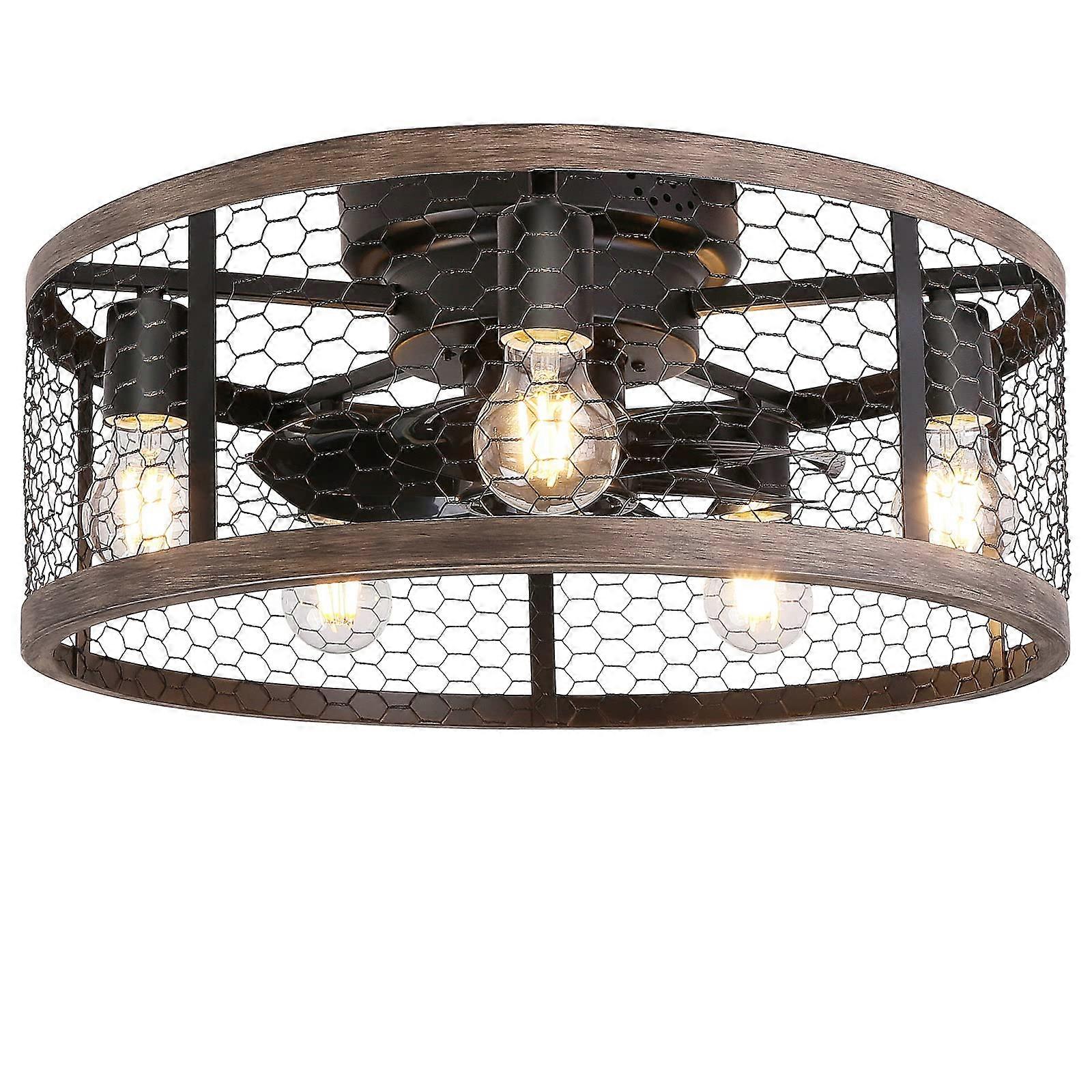 Flush Mount Caged Rustic Low Profile Small Vintage Enclosed Ceiling Fan for Bedroom 20''