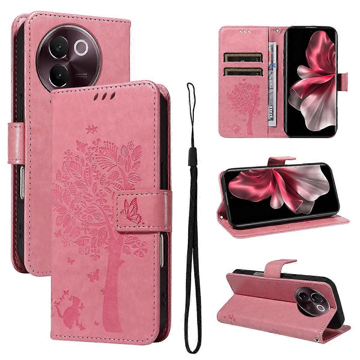 Tree & Cat Embossed Pattern Flip Leather Phone Case