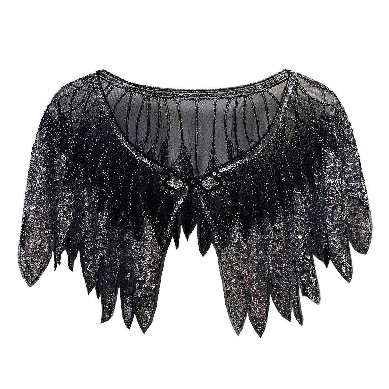 Stylish Sequined Shawl with Sparkling Design for Gatsby Theme Parties and Evening Party Dress 1920s Flapper Accessory Black and silver
