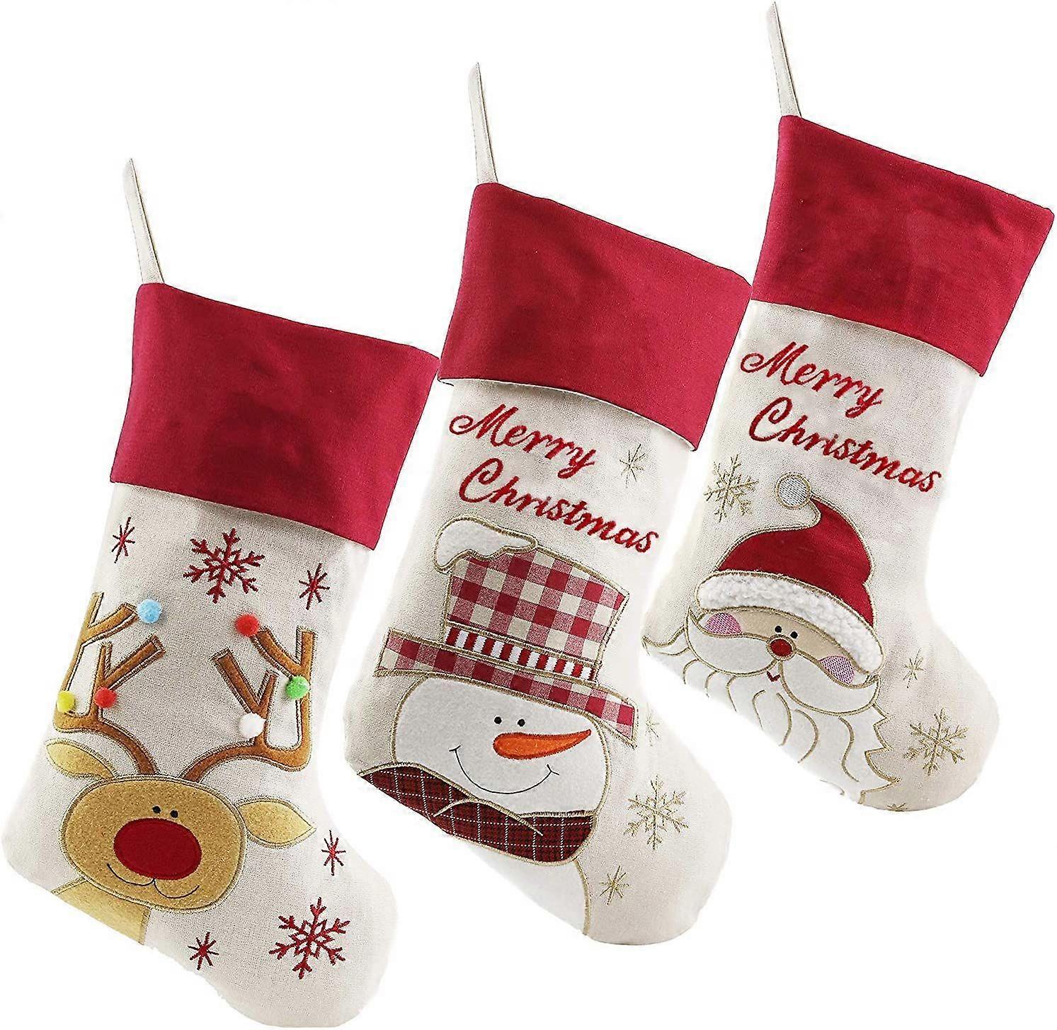 Lovely Christmas Stockings Set of 3 Santa, Snowman, Reindeer, 3D Plush Linen Knit Border  (Style1) (D-4)