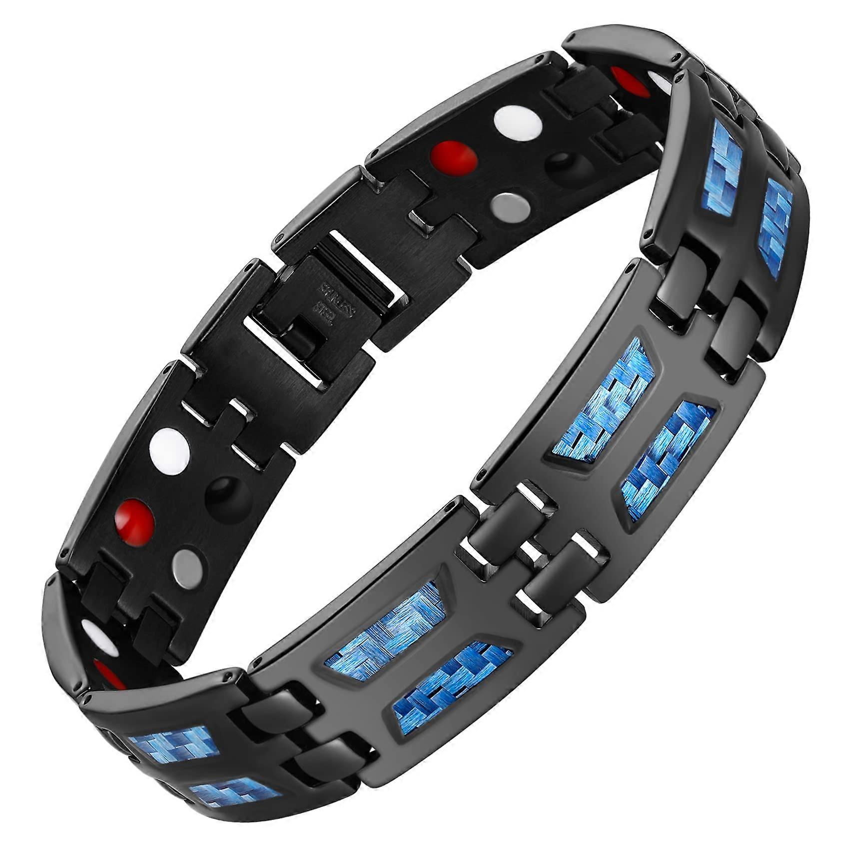 Magnetic Bracelets for Men Stainless Steel Band With Blue Carbon Fiber And 4 Natural Elements Adjustable Sizing Tool