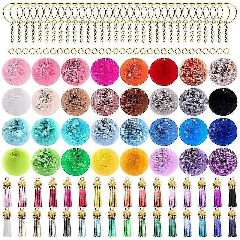 160 PCS Keychain Pom Pom Set Pom Pom Balls Gold Key Ring Faux Fur Pom Pom for DIY Projects, Random Color