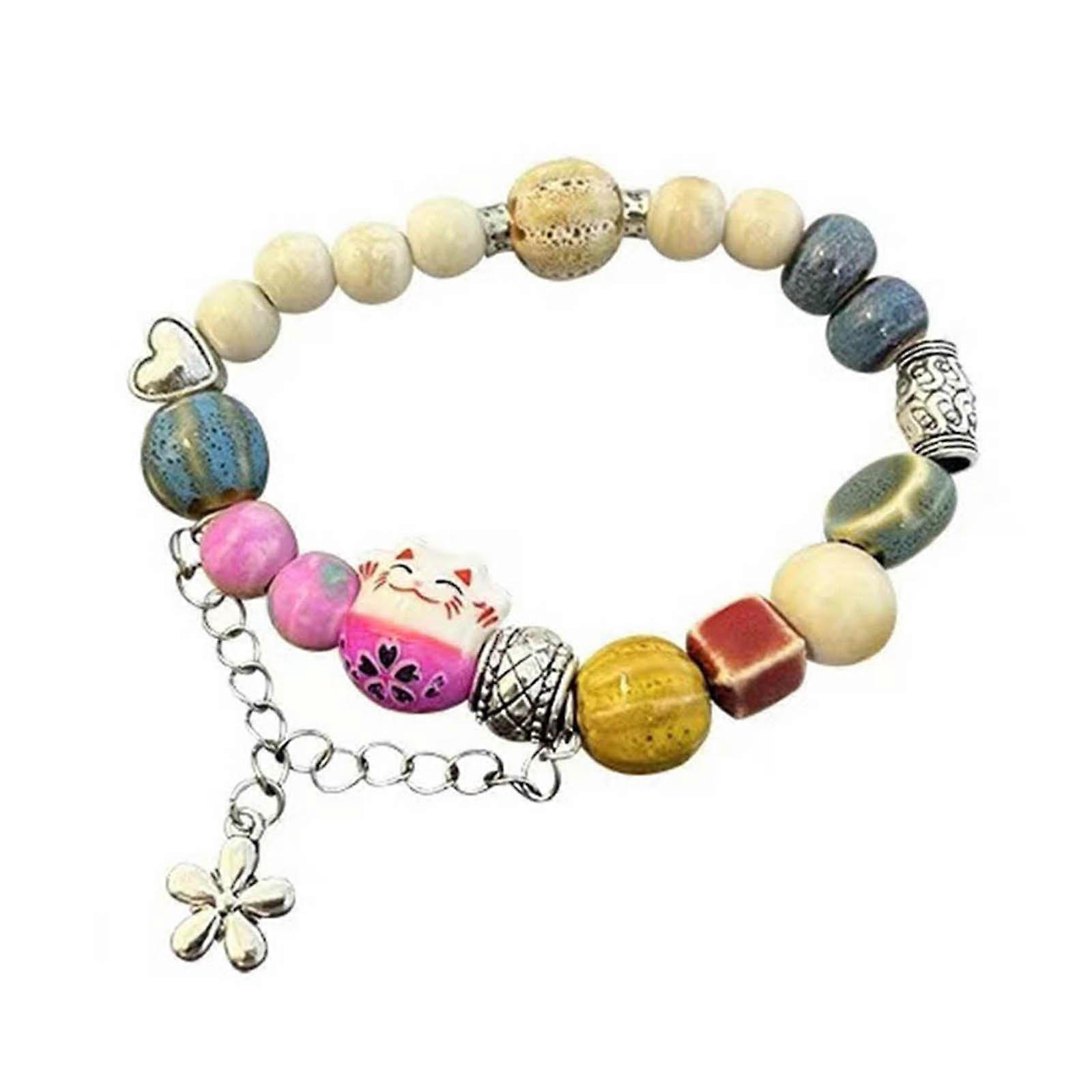 ファッションセラミック猫のブレスレットかわいい猫のフリンジブレスレット女性のためのジュエリー猫ビーズWriststbandブレスレットデイリーウェアギフト