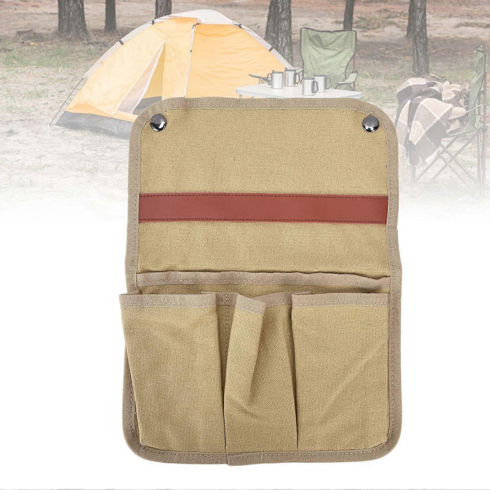 Camping Chair Armrest Storage Bag, Large Capacity Khaki Hanging Organizer with Multiple Pockets for Beach Chairs