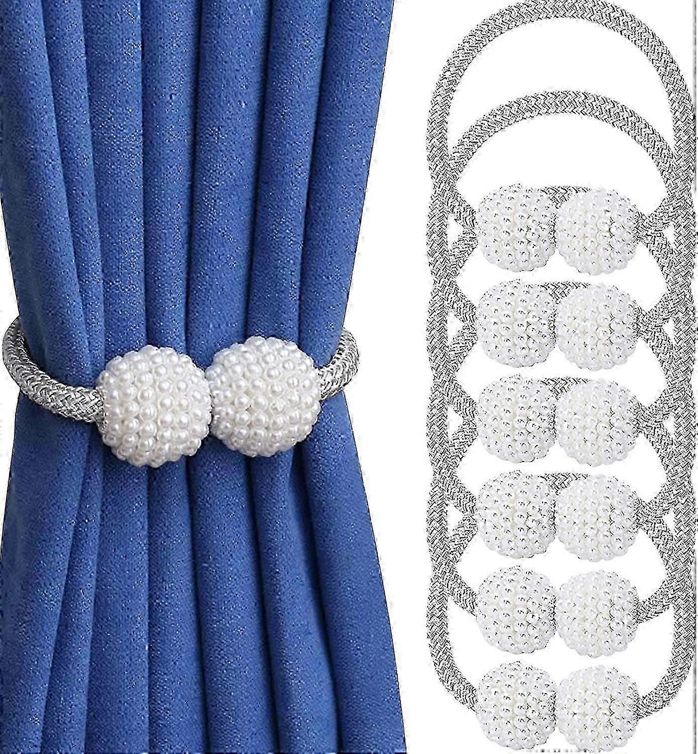 6 Pack Magnetic Curtain Tiebacks Pearl Decorative Rope Holdback Holder Tie Backs - Suitable for Various Window Styles in Grey Color