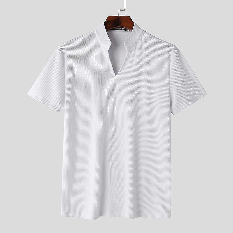 INCERUN Summer Men T-Shirt Stand Collar Solid Thin Office Shirts