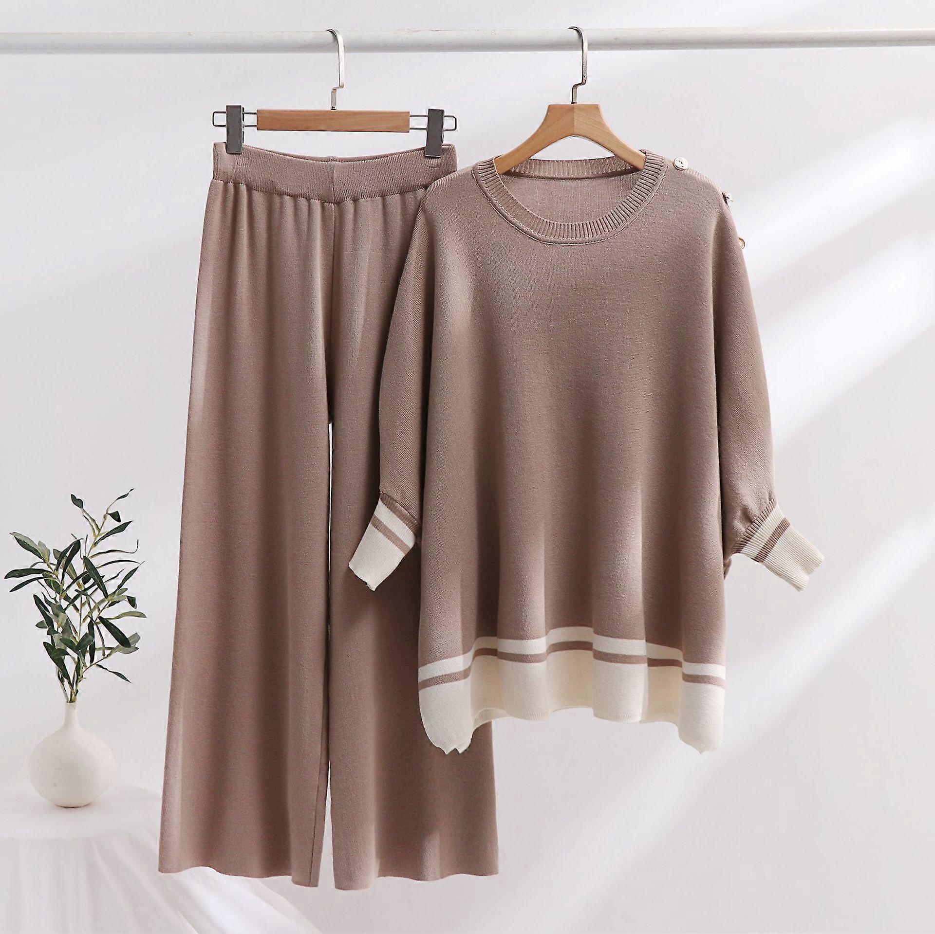 Womens 2 Piece Sweater Set Color Blocked Loose Knitted Pullover Top Wide Leg Pants Lounge Matching Sets Fall Winter Travel Outfits Sweatsuit for Women