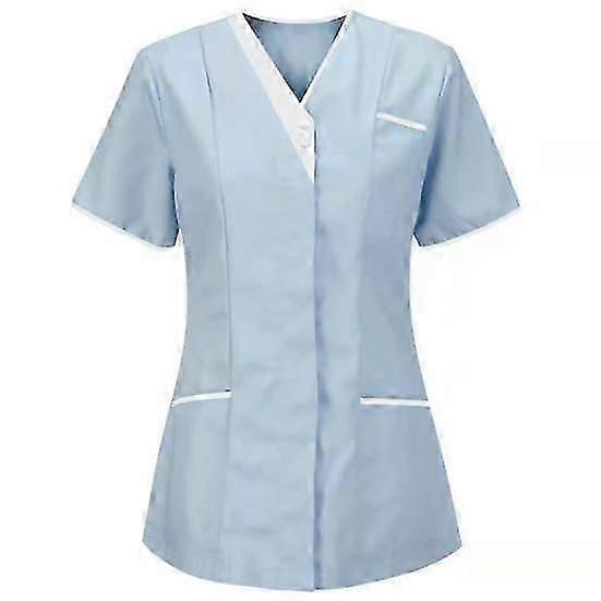 Nurse Uniform Scrubs Tops Women V-neck Short Sleeve Pockets Overalls Uniforms Patchwork Color Nursing Working Tops Workwear