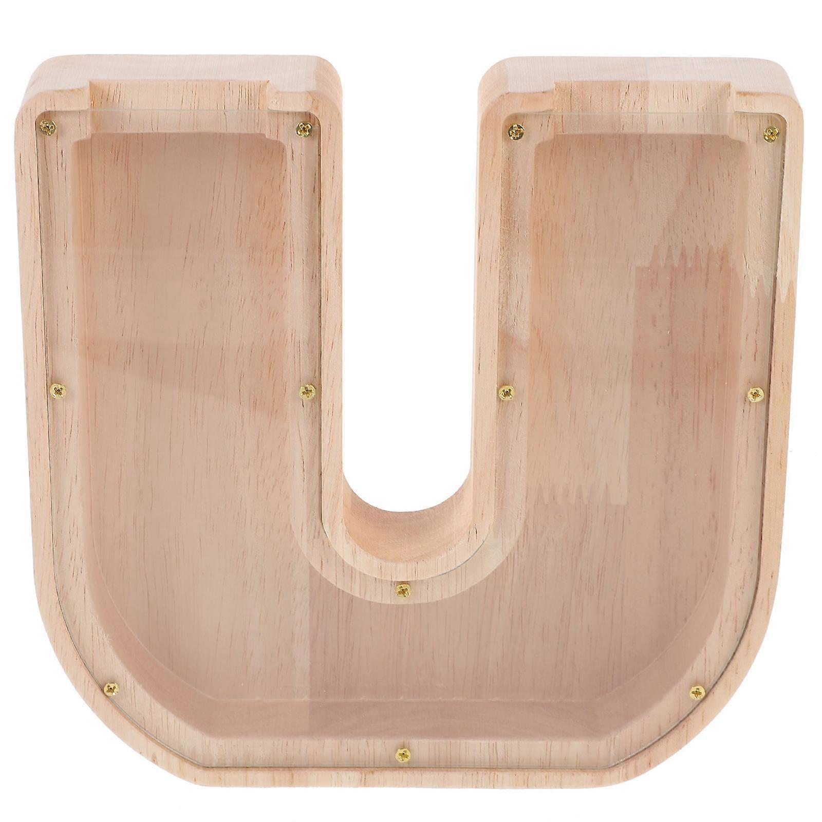 U Shaped Coins Jar Wooden Piggy Bank Alphabets Design Coin Storage Container Light Yellow 18.00X18.00X3.00CM 1Pack