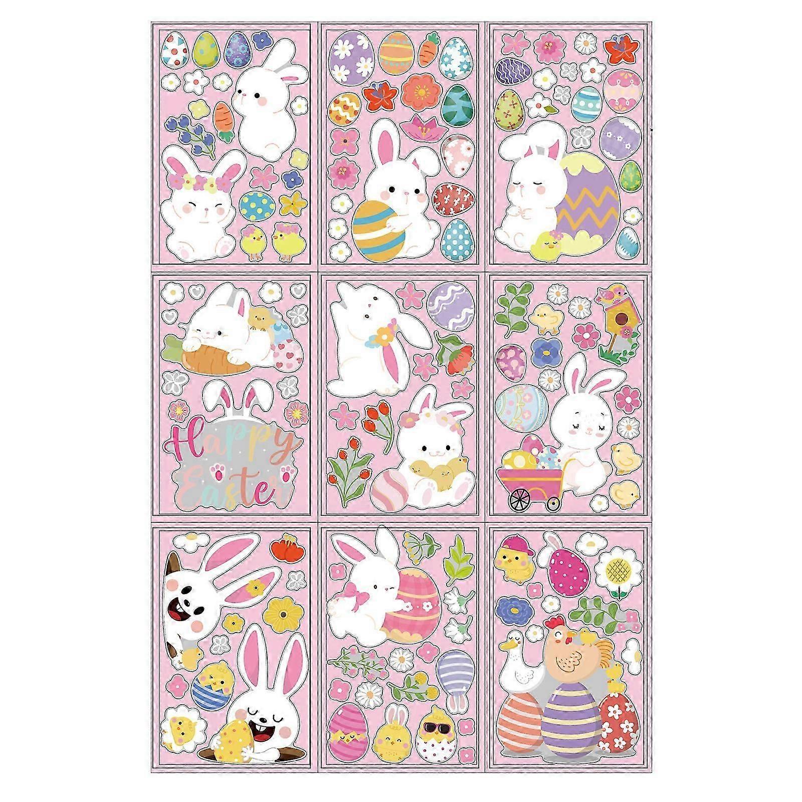 2025 Latest Model 9 Sheets Double Sided Easters Window Clings Cartoon Bunnies