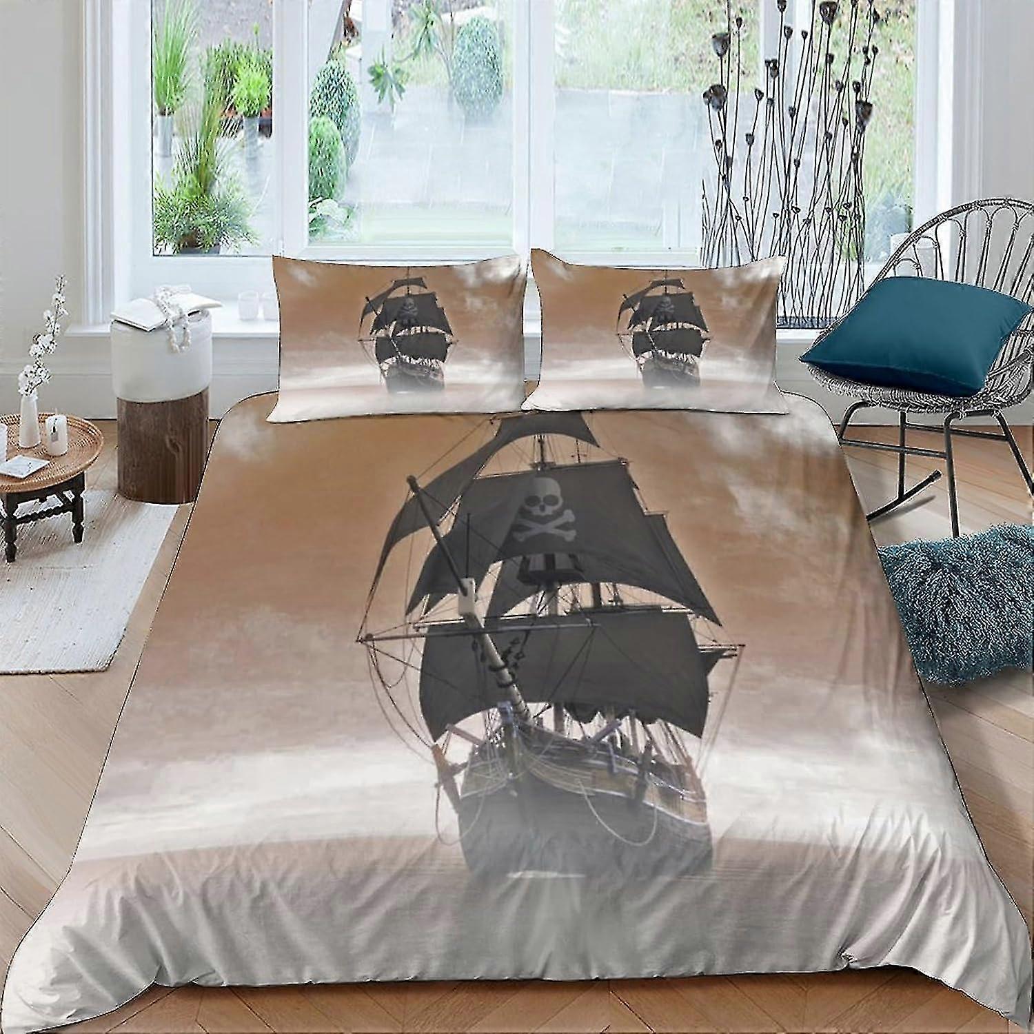 3D Pirate Ship Duvet Cover Set for Kids, Soft Microfiber Bedding Comforter Cover with Zipper and Pillowcases