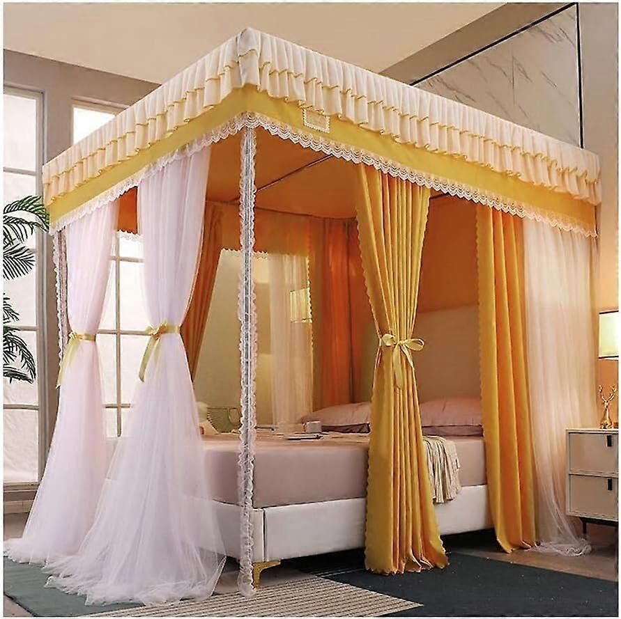 2in1 Yellow Deluxe Canopy Mosquito Net, Double Queen Bed Curtain with Metal Stand (180x200cm)