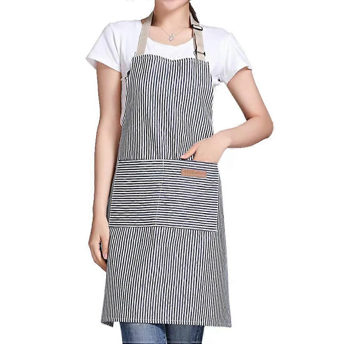 Kitchen Apron Khaki Stripes Adjustable Bib with Pockets Full Coverage for Cooking and Baking