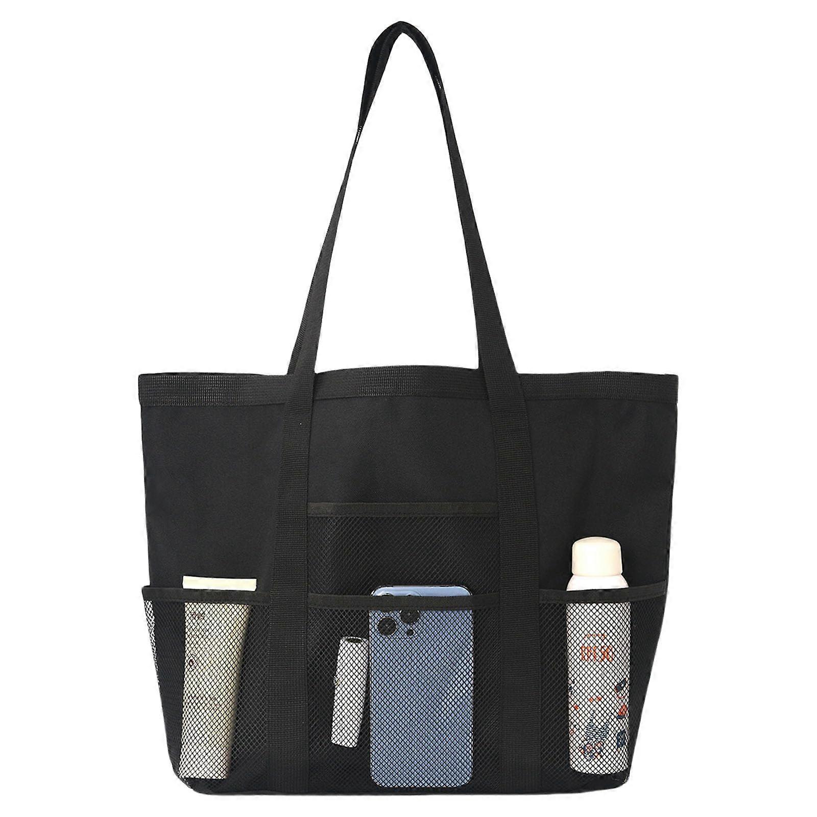 Spacious Black Mesh Beach Bag for Travel and Leisure, Breathable Polyester Material, Ideal for Camping and Pool Parties