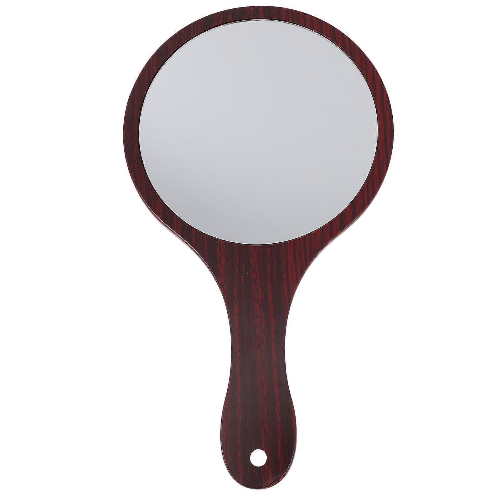 Retro Handheld Makeup Mirror with Wooden Handle for Decor Dark Red Glass 1 Pc
