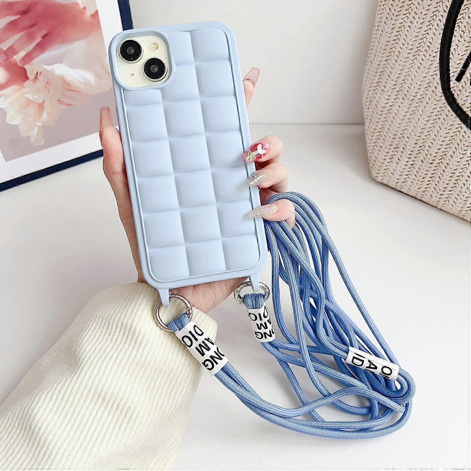 For iPhone 15 Case Grid Soft TPU Shockproof Phone Cover with Lanyard - Baby Blue
